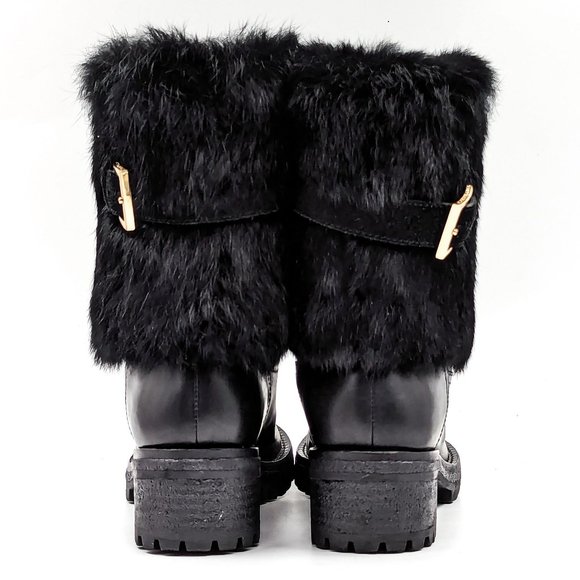 Tory Burch Women Joni Fur Cuff Buckle Logo Black Leather Mid Calf Boots size 7 - Picture 8 of 12